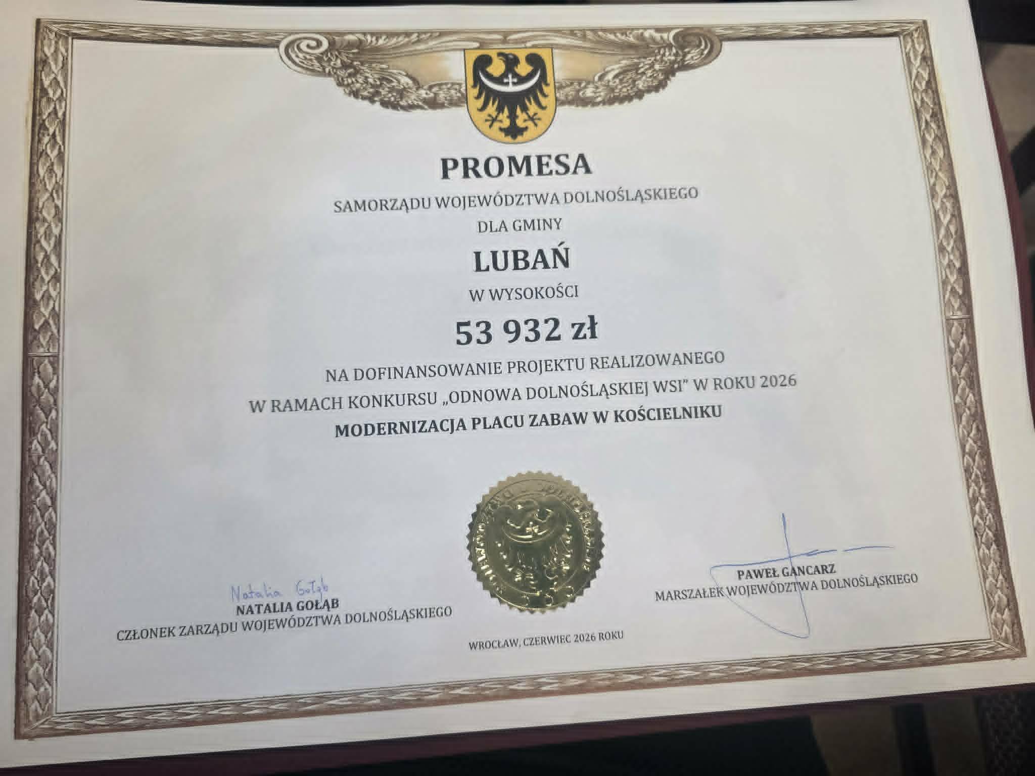 Zdjęcie promesy przyznanej Gminie Lubań