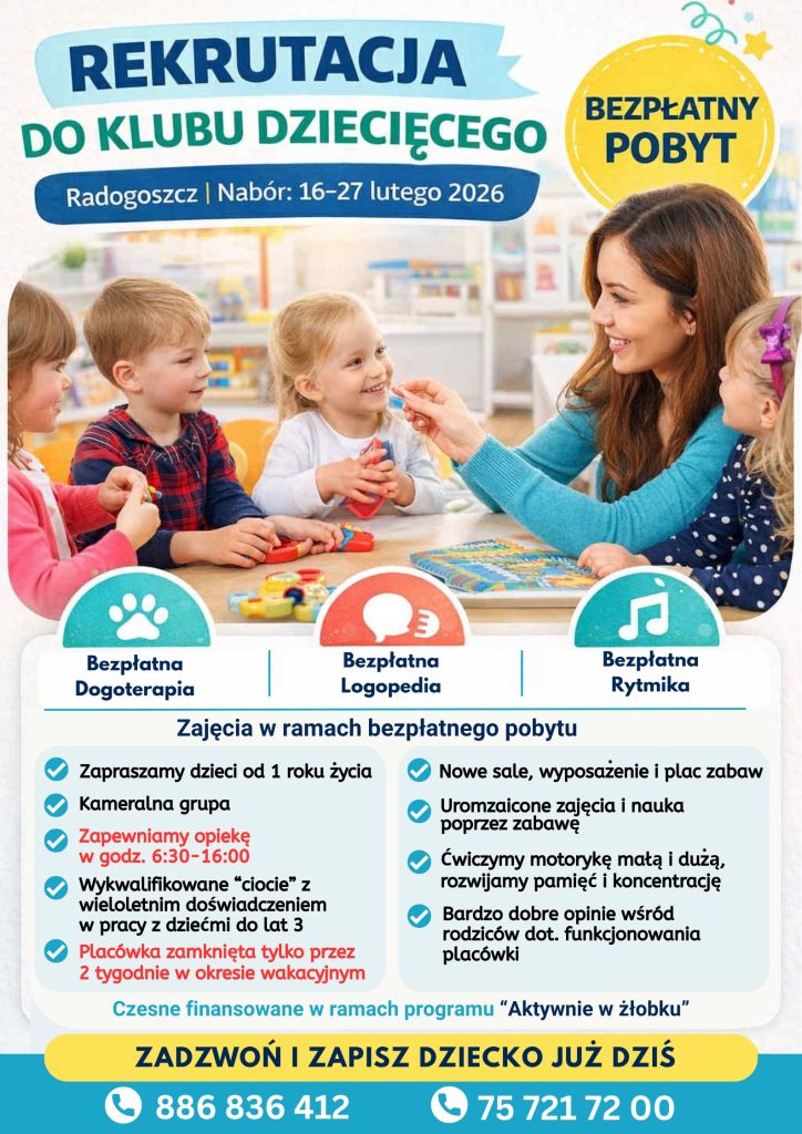 Zdjęcie przedstawia plakat dot. rekrutacji do klubu dziecięcego