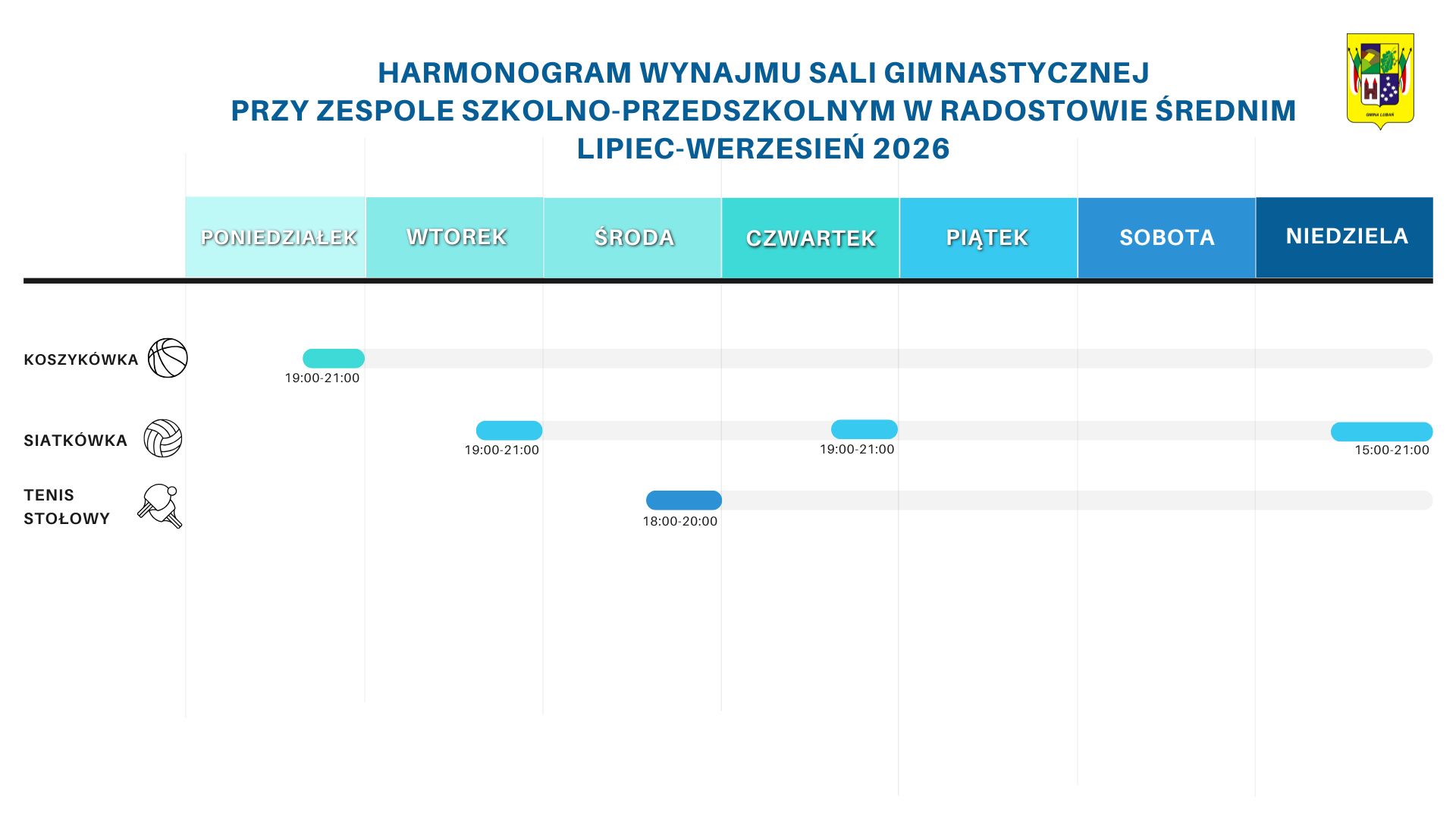 Zdjęcie prezentuje harmonogram wynajmu sali sportowej w&nbsp;Radostowie 