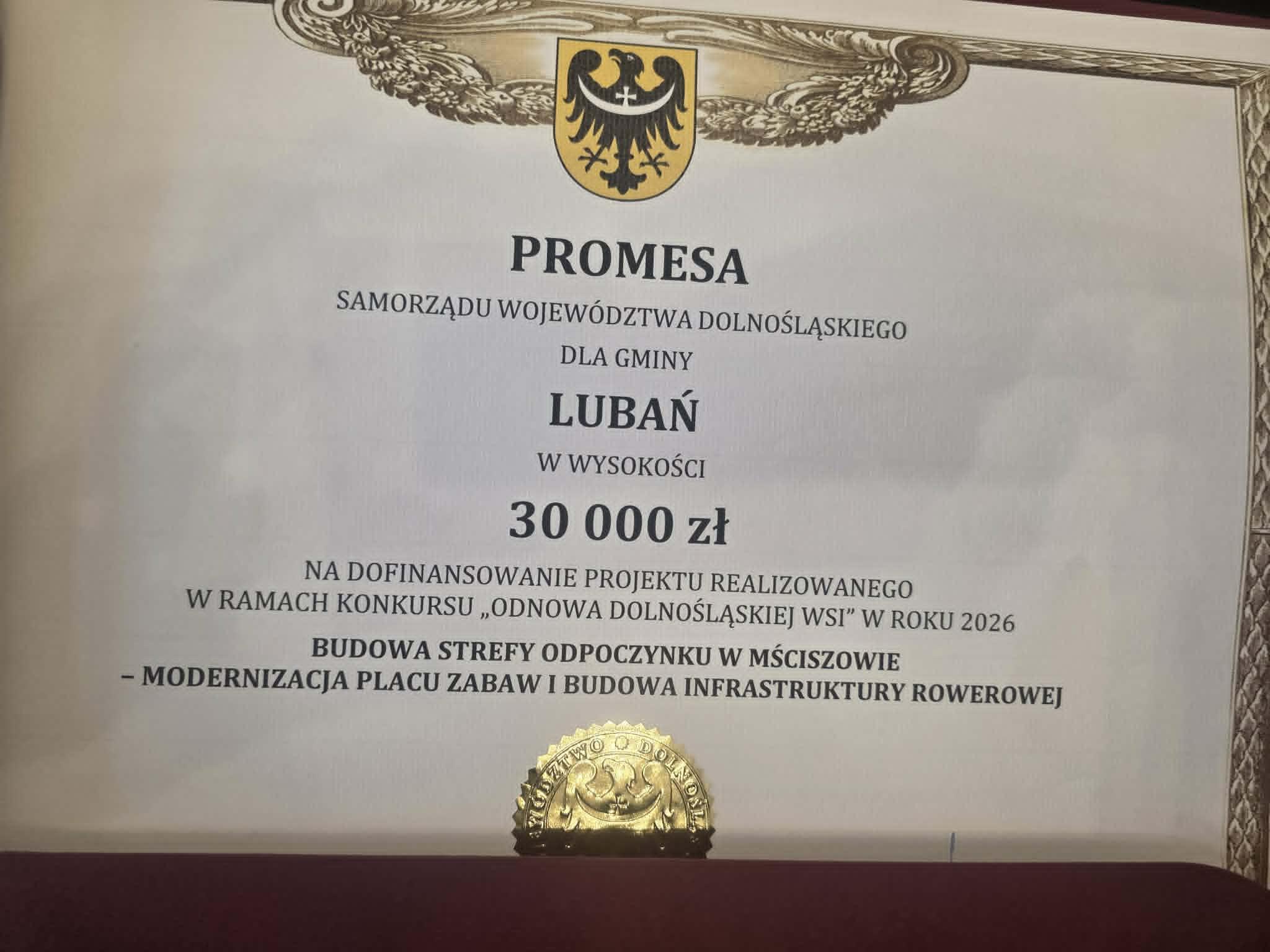 Zdjęcie promesy przyznanej Gminie Lubań