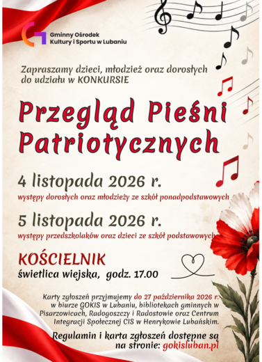 Link kieruje do wydarzenia - Przegądu Pieśni Patriotycznych w Kościelniku w dniach 04-05.10.2026 r.