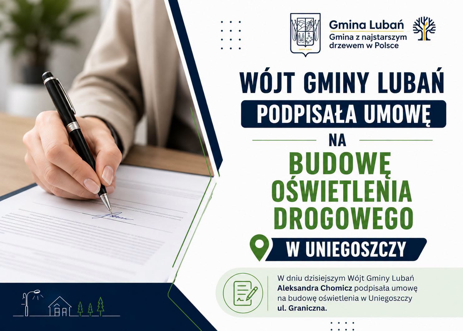 Zdjęcie informuje o&nbsp;podpisaniu umowy przez &Oacute;jt Gminy Lubań na&nbsp;budowę oswietlenia drogowego w&nbsp;Uniegoszczy ul. Graniczna
