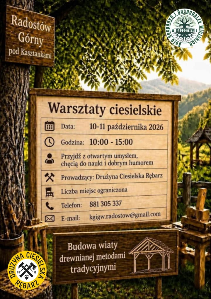 Zdjęcie przedstawia informację o&nbsp;warsztatach ciesielskich
