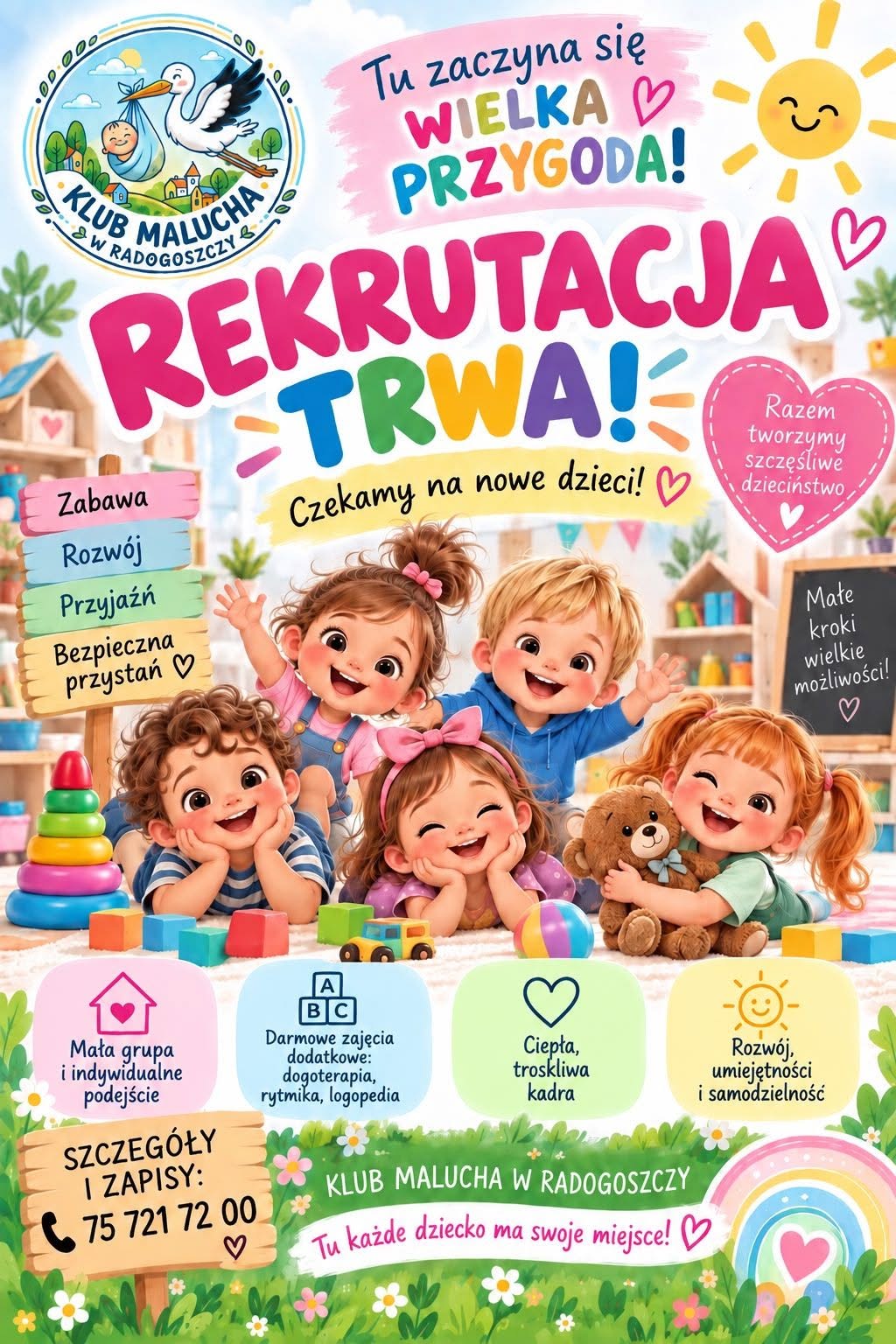 Plakat prezentujący informacje o&nbsp;rekrutacji do Klubu Dziecięcego w&nbsp;Radogoszczy