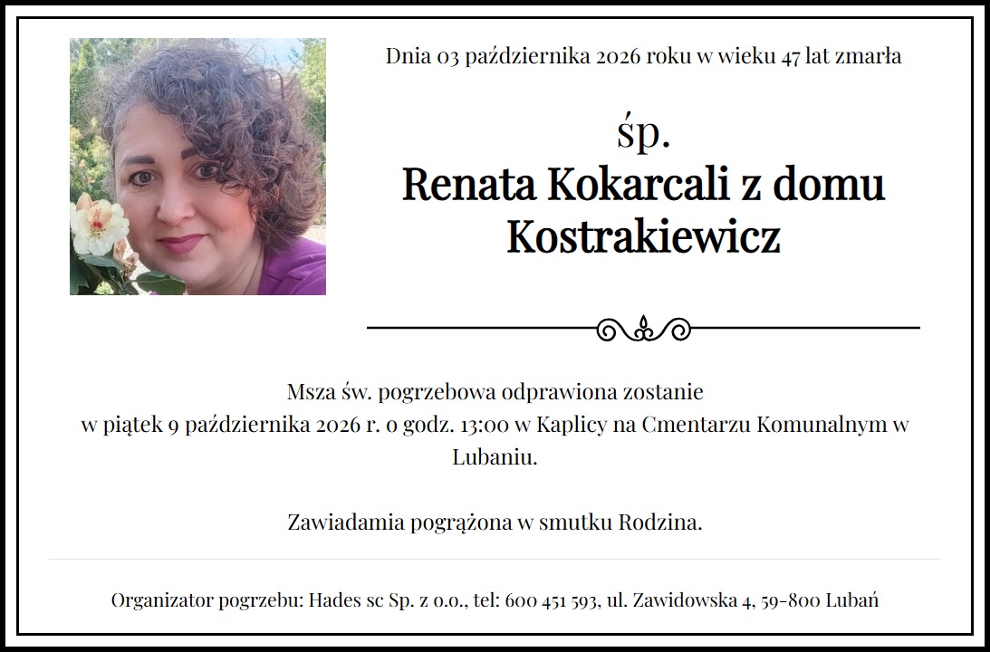 Zdjęcie przedstawia nekrolog zmarłej Renaty Kokarcali