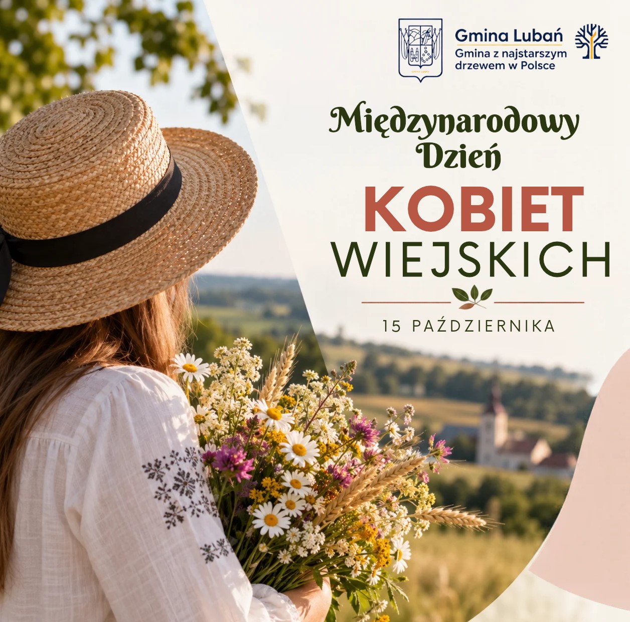 Zdjęcie przedstawia kobietę wiejską i&nbsp;datę 15 października jako Międzynarodowy Dzień Kobiet Wiejskich