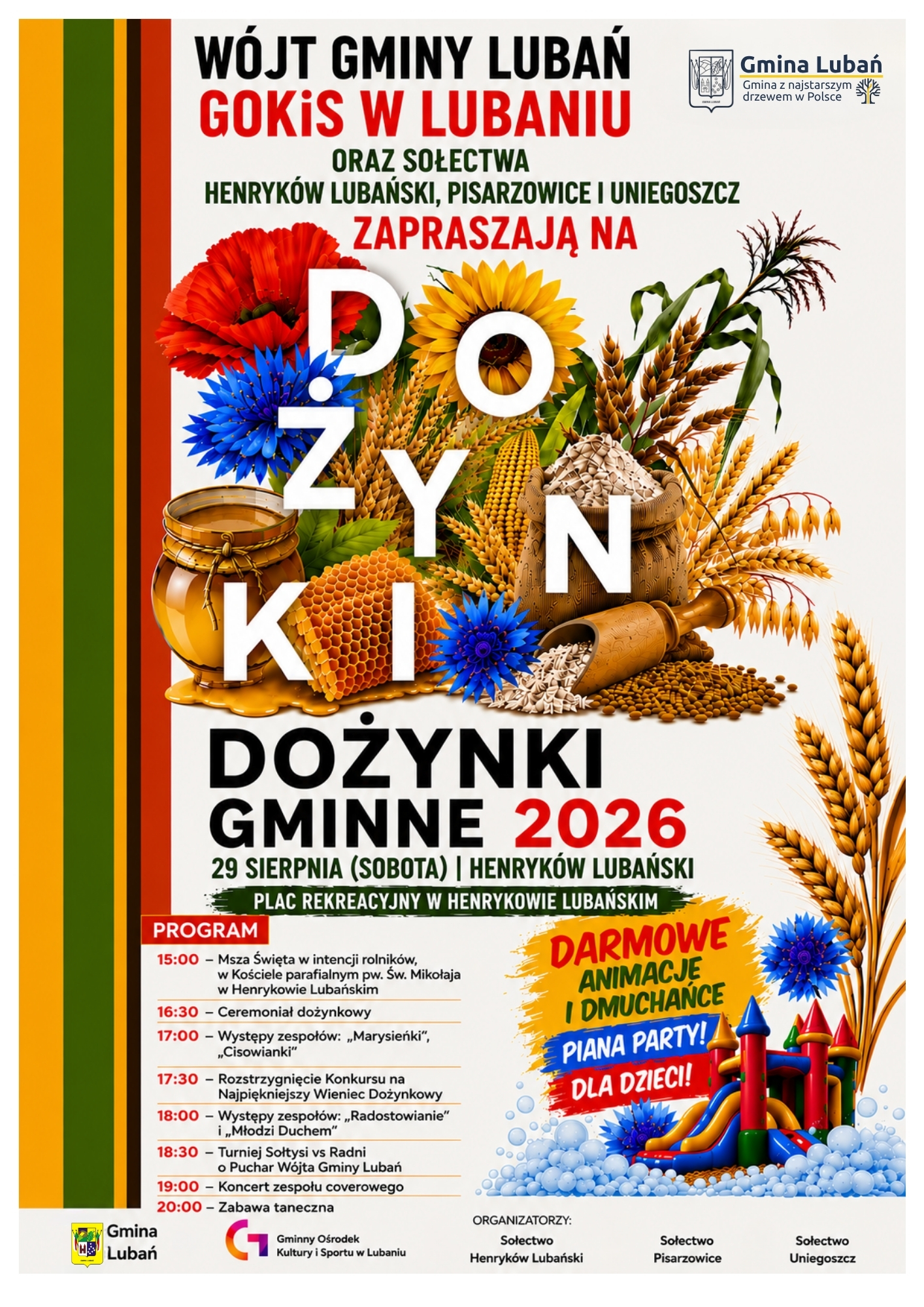 Zdjęcie przedstawia termin i&nbsp;meijsce Dożynek Gminnych - 29 sierpnia br. Henryk&oacute;w Lubański oraz&nbsp;grafikę zawiązującą do dożynek