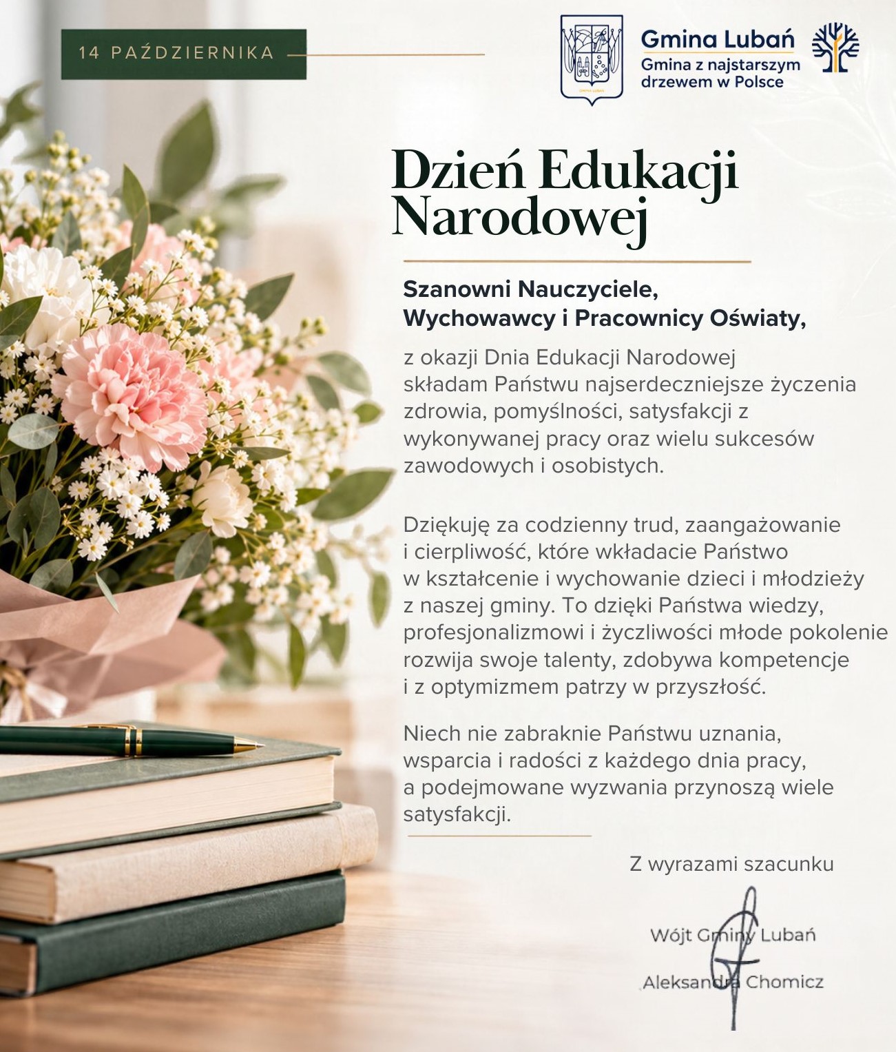 Zdjęcie przedstawia tekst życzeń z&nbsp;okazji Dnia Nauczyciela od W&oacute;jt Gminy Lubań Aleksandry Chomicz