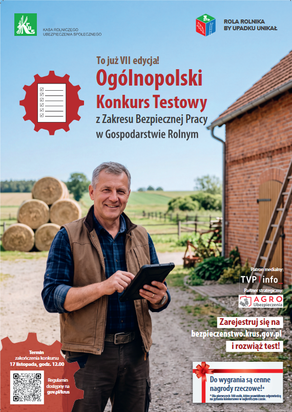 Plakat prezentujący informajce o&nbsp;o&oacute;lmnopolskim konkursie Testowym z&nbsp;Zakresu Bezpiecznej Pracy na&nbsp;Gospodarstwie Rolnym