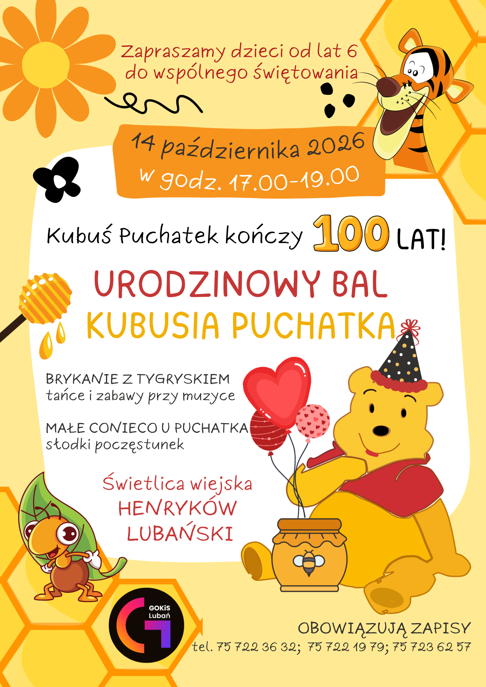 Zdjęcie przedstawia plakat zapowiadający Urodzinowy Bal Kubusia Puchatka