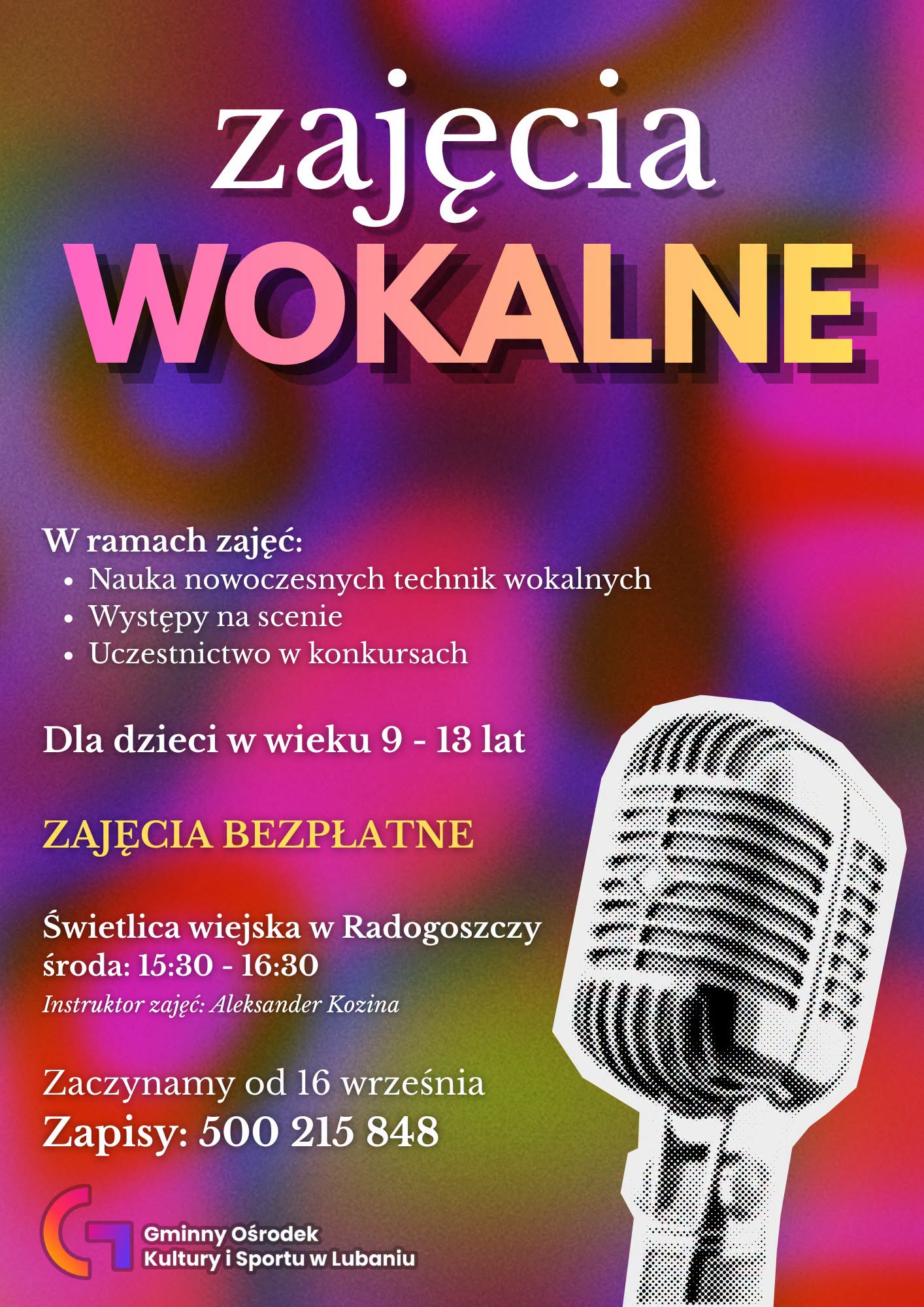 Plakat dot. bezpłatnych zajęć wokalnych