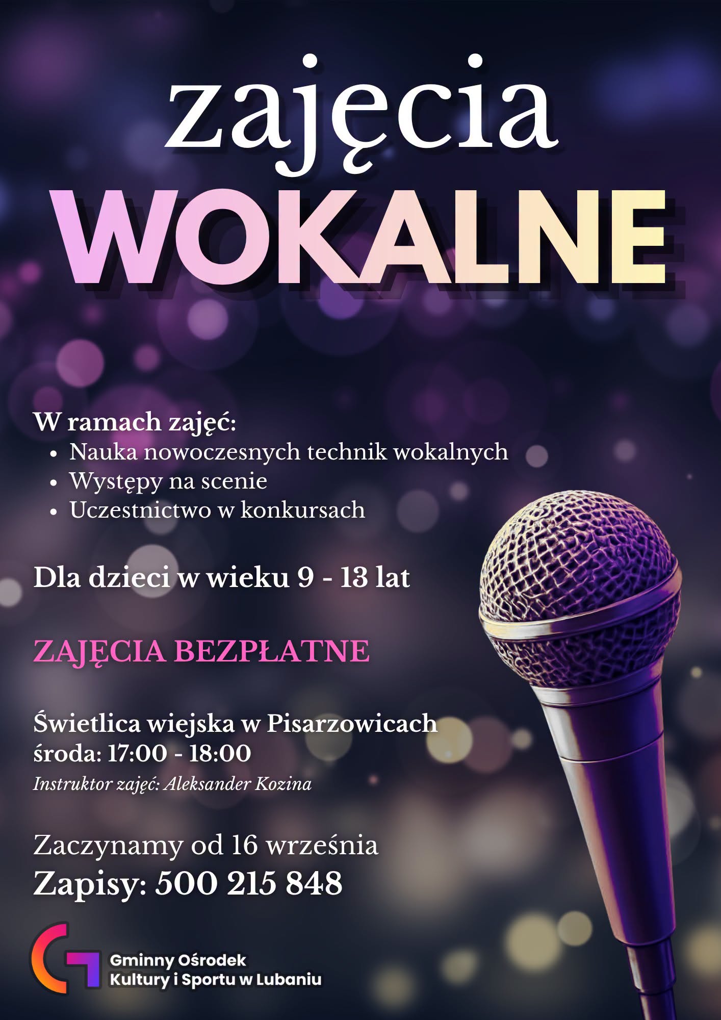 Plakat dot. zajęć woklanych w&nbsp;świetlicy wiejskiej w&nbsp;Pisarzowicach