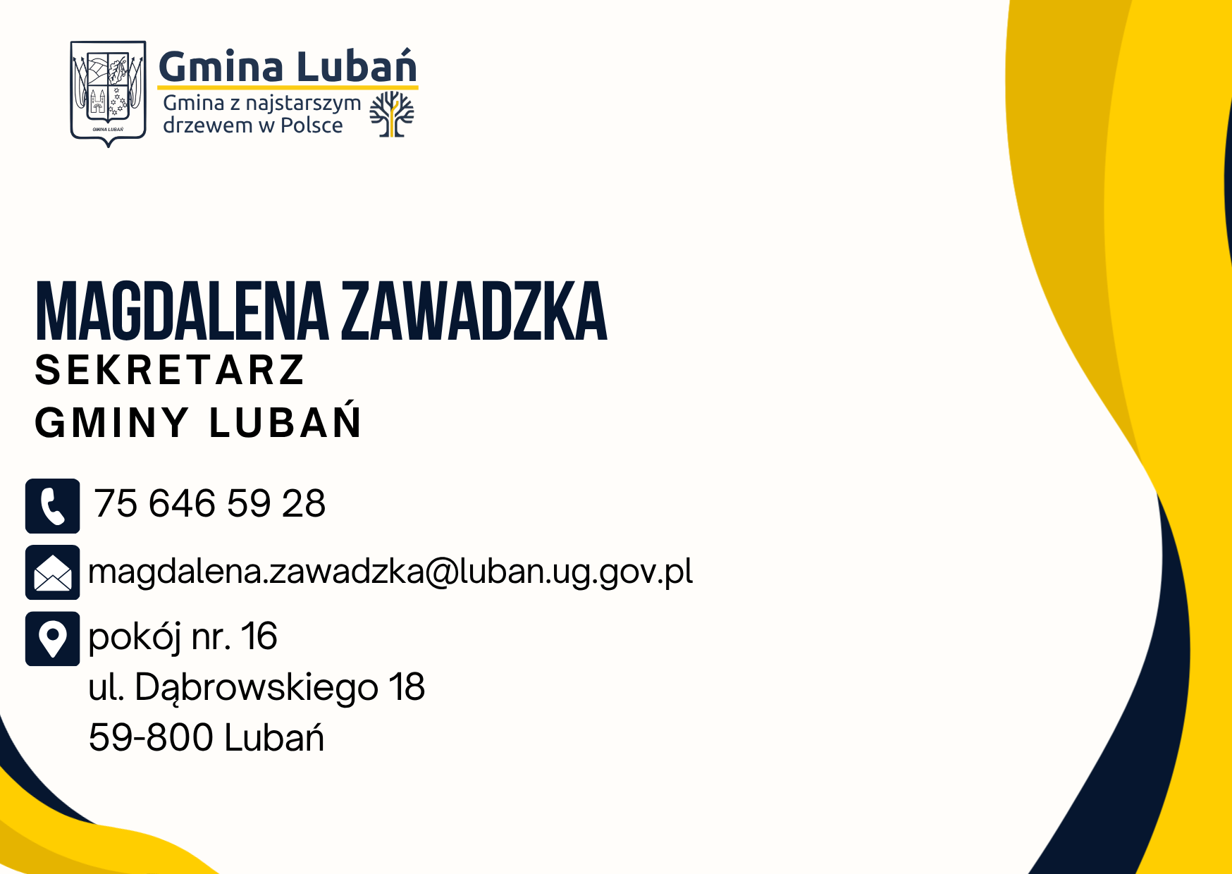 Zdjęcie przedstawia dane kontaktowe do Sekretarza Gminy Lubań 