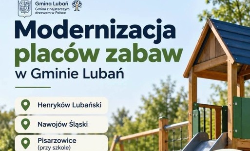 Zdjęcie przedstawia poglądowy plac zabaw i informacje o planowanej modernizacji