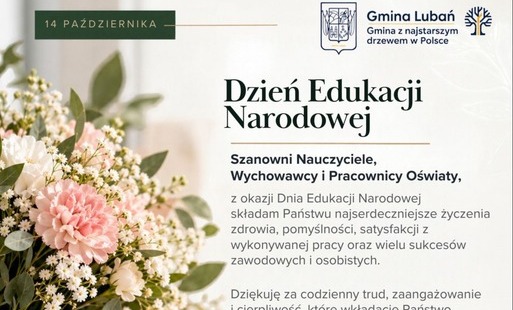 Zdjęcie przedstawia tekst życzeń Wójta Gminy Lubań z okazji Dnia Nauczyciela
